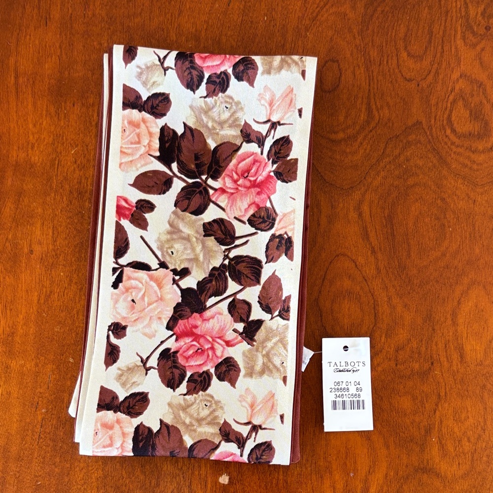 Talbots Pink and Brown Floral Sash,‎ Skinny Silk Scarf NWT